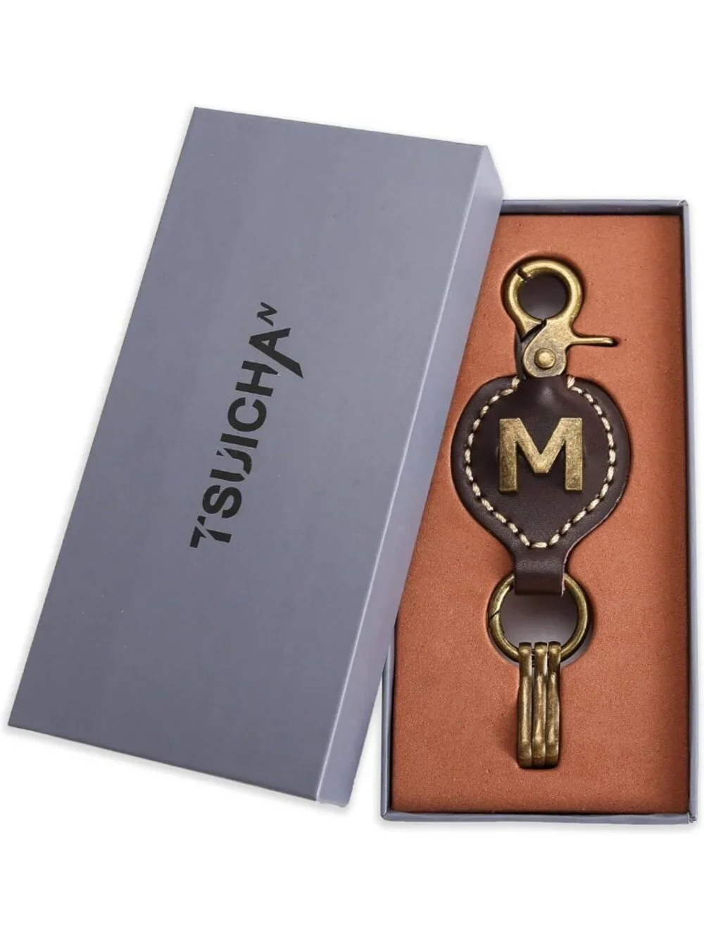 Personalized Brown Leather Initial Keychain with Easy Clasp - Perfect Gift for
